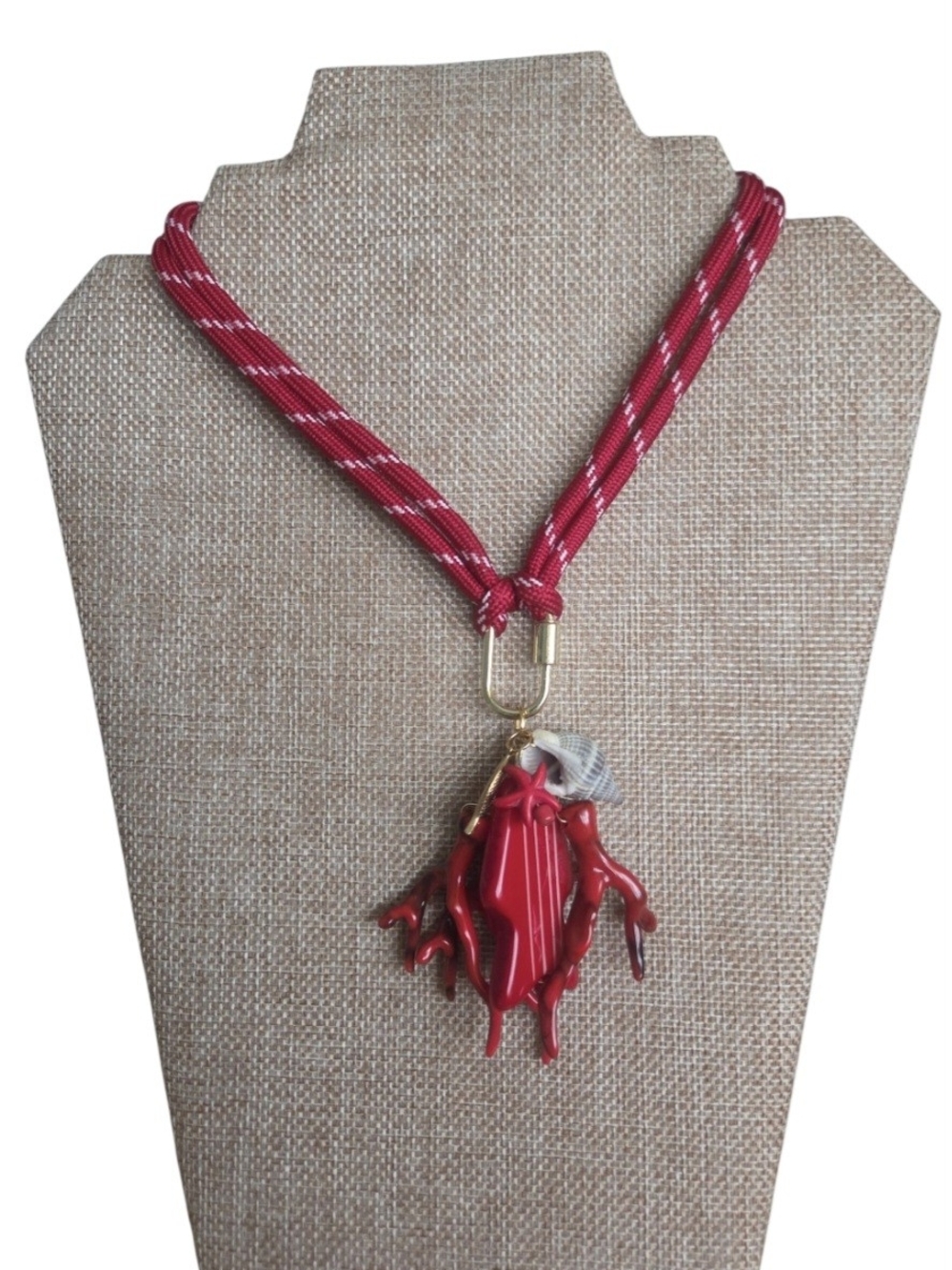 Red Coral Pendant Necklace with Red Cord